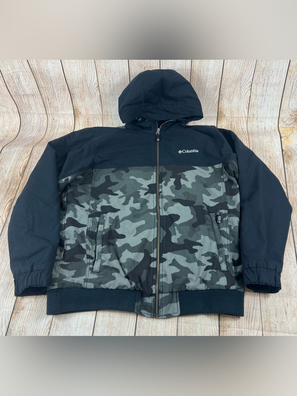 Mens Columbia Loma Vista II Black Camo Hooded Jacket Coat Full Zip Size Large
